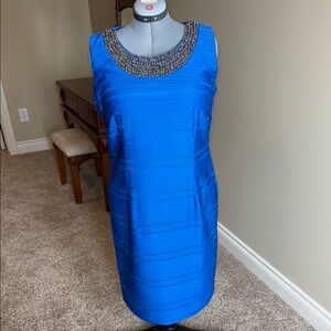 Cleo Blue Midi Dress with Beaded Neckline